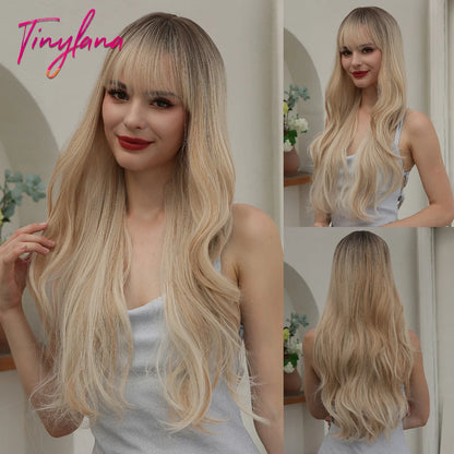 Long Blonde Wavy Synthetic Wig with Bangs – Lolita Cosplay & Halloween Heat-Resistant Wig for Women