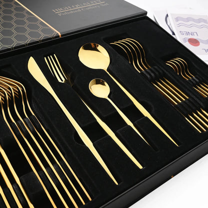 Drmfiy 24P Stainless Steel Cutlery Set - Knife Fork Spoon Flatware - Black Tableware Gift Box - Dishwasher Safe Dinnerware Kitchenware