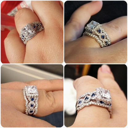 Newshe 3-Piece Women’s Wedding Ring Set – 925 Silver 2.6Ct Princess Cut White & Blue CZ Bridal Jewelry