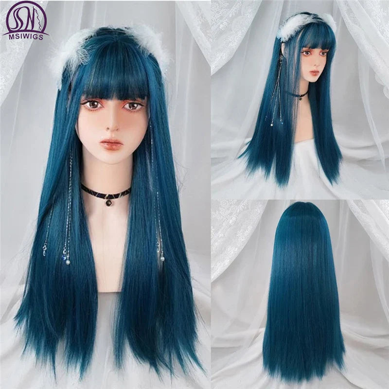MSIWIGS Women's Synthetic Cosplay Lolita Wigs: Blue Pink Blonde Red Long Straight Hair with Cut Bangs for Party Lady Girl