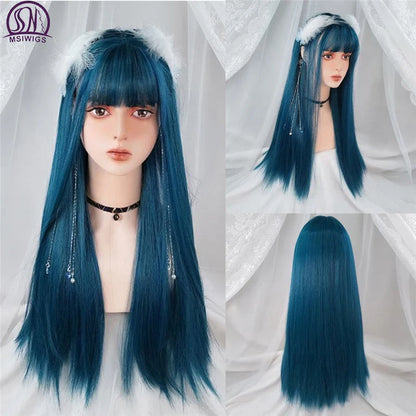 MSIWIGS Women's Synthetic Cosplay Lolita Wigs: Blue Pink Blonde Red Long Straight Hair with Cut Bangs for Party Lady Girl