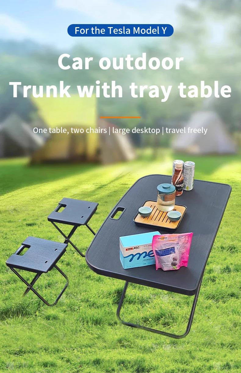 Tesla Model Y 2020-2025 Portable Folding Picnic Table – Travel Camping Boot Table with Chairs Set for Rear Trunk