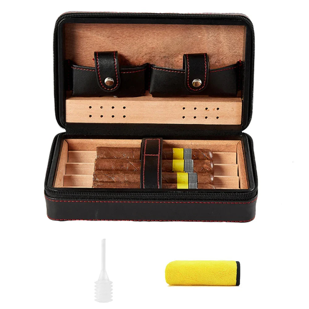 Cedarwood Cigar Case – Portable Leather Cigar Box for 4 Cigars, Humidor Kit with Humidifying Holder & Accessories