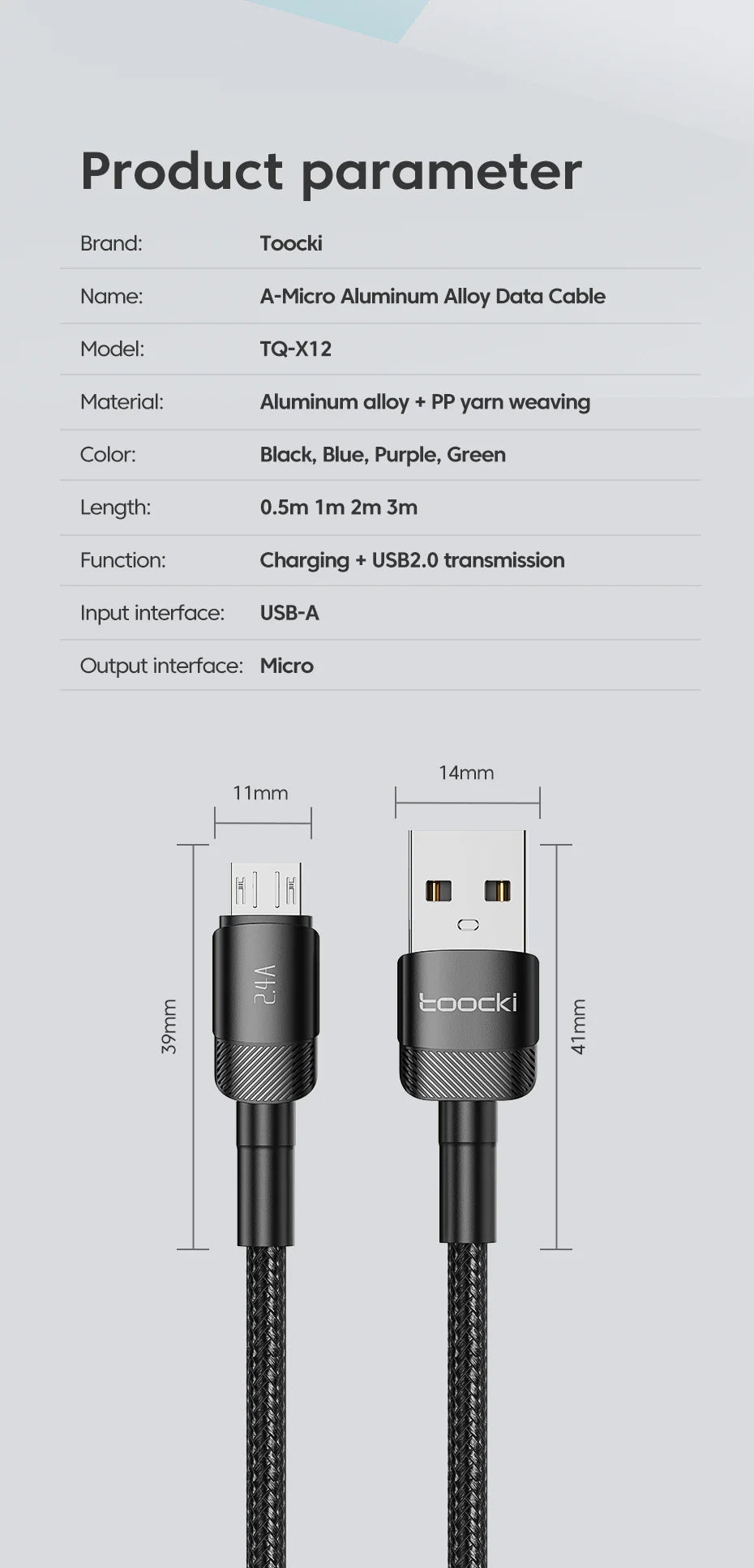 Toocki 2.4A Micro USB Cable – Fast Charging QC PD Data Cord for Samsung S6/S7, Redmi Note, Earphones, Fans