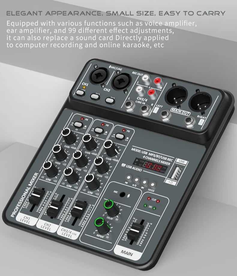4-Channel Audio Mixer — USB Studio Mixer with 48V Phantom Power & Bluetooth for DJ & Karaoke