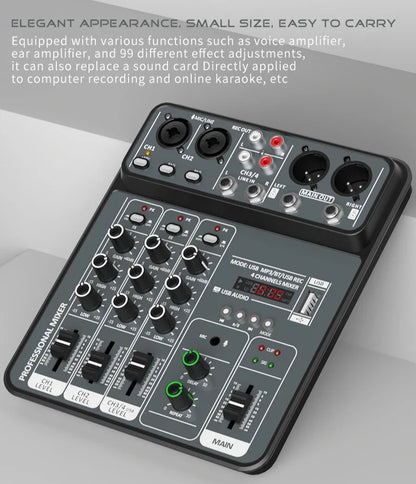 4-Channel Audio Mixer — USB Studio Mixer with 48V Phantom Power & Bluetooth for DJ & Karaoke