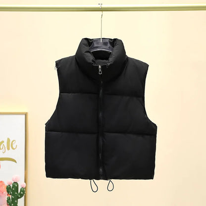 Winter Sleeveless Down Vest for Women – Warm Stand Collar, Zipper Jacket, Quilted Cropped Casual Street Outerwear