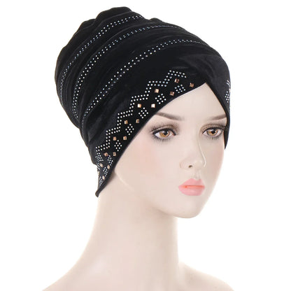Women’s Glitter Diamond Turban Cap - Soft Velvet Pleated Head Wrap Muslim Headscarf Bonnet Beanie Cap
