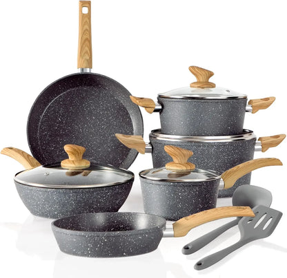 12 Piece Granite Black Nonstick Cookware Set - Induction Ready Pots and Pans