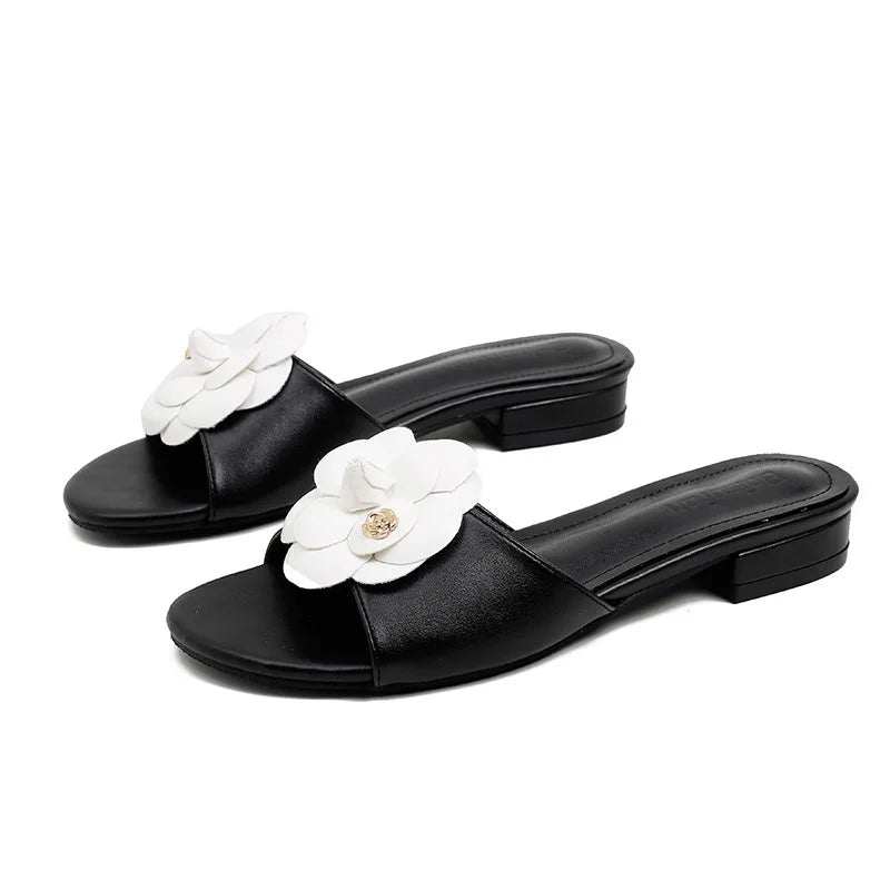 Luxury Women’s Flower Slippers — Camellia Open-Toe Slides for Home & Outdoor, Ladies Flip Flop Sandals