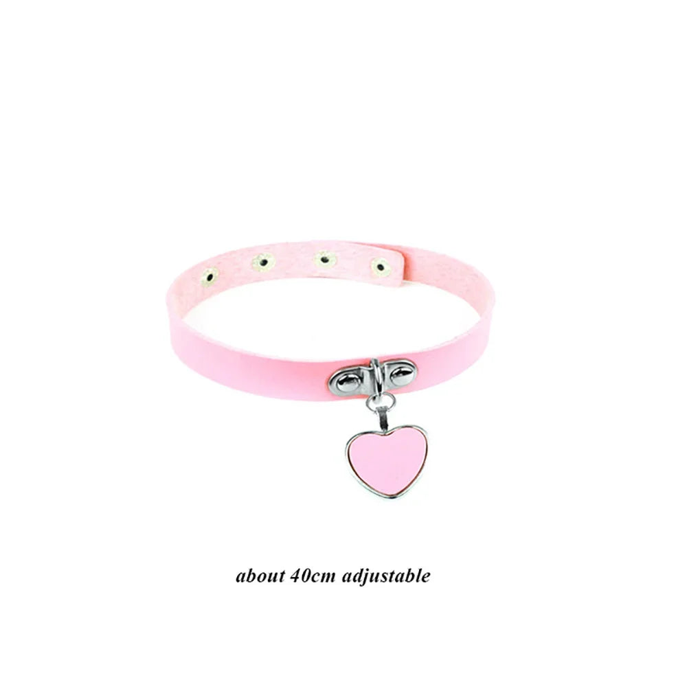 Pink Gothic Collar Necklace – Trendy Rock Leather Heart with Rivets, Harajuku Punk Choker Jewelry for Women, Gift Idea