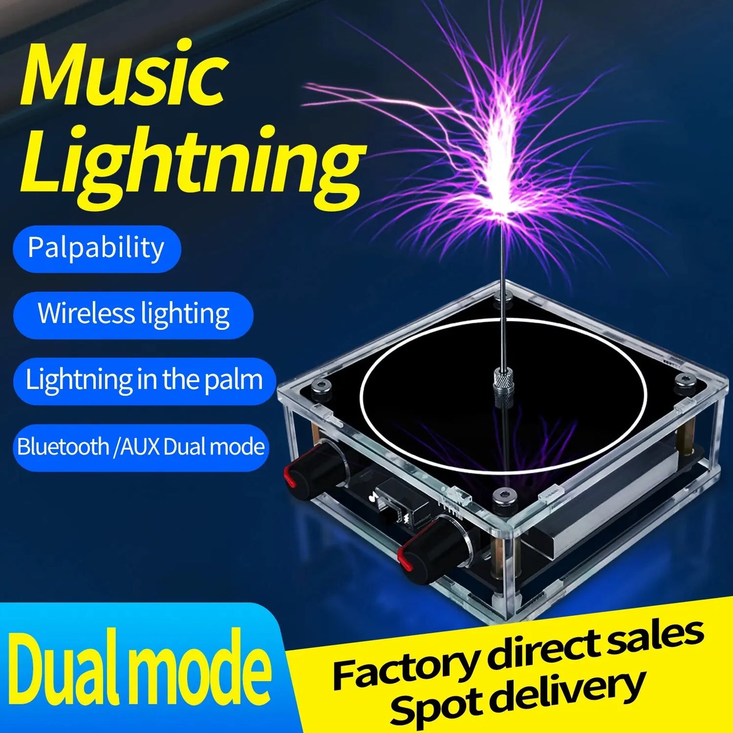 Music Tesla Coil Bluetooth/AUX – Dual Mode Music Box with Touchable Artificial Lightning, Audio Input for Science Experiments