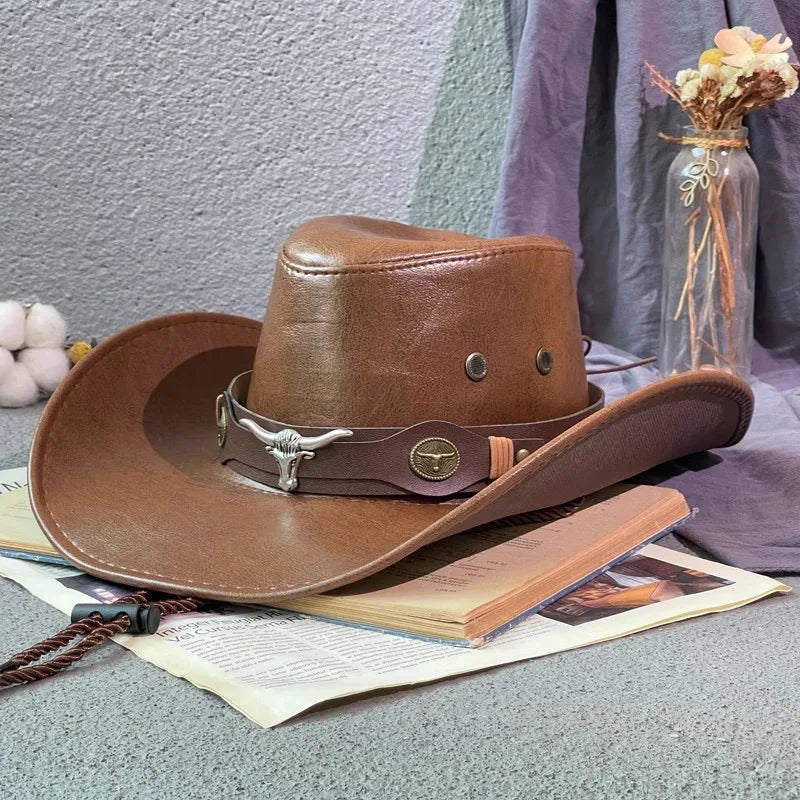 Faux Leather Western Cowboy Hat – Vintage Panama Cowgirl & Gentleman Hat for Women & Men