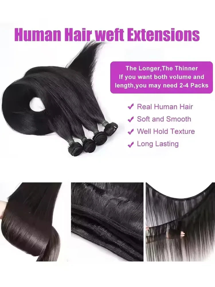 30-34 Inch Bone Straight Human Hair Bundles – Natural Black Remy Unprocessed Virgin Hair Extensions, 3-4 Bundle Deals