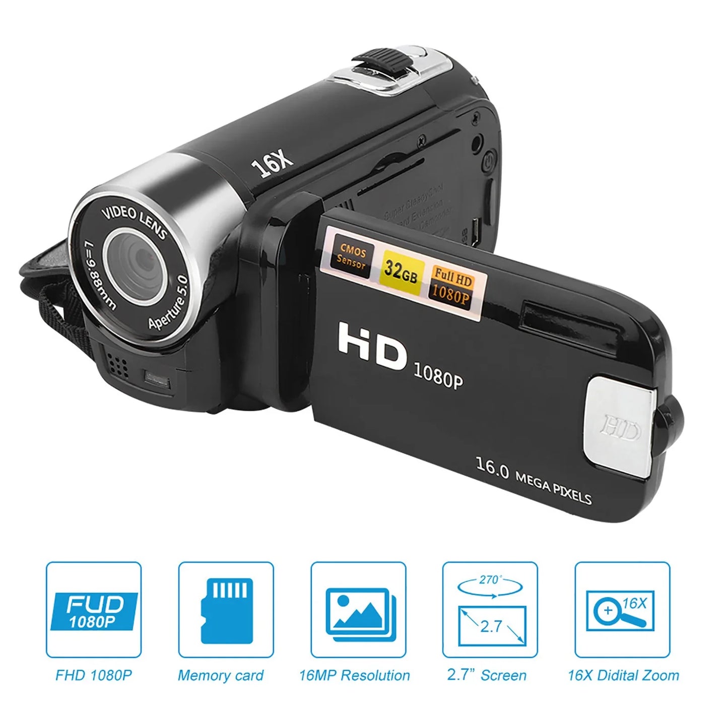 DH-90 16X Digital Zoom Camcorder – 2.7" Color Display, HD Image & Video Shooting, 110-240V