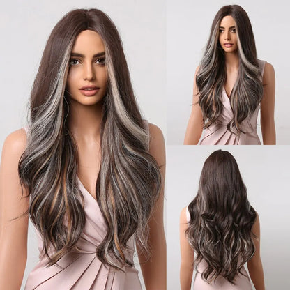 Long Pink Wavy Wig for Women — Middle Part Synthetic Hair, Heat-Resistant, Natural-Looking Cosplay Wig