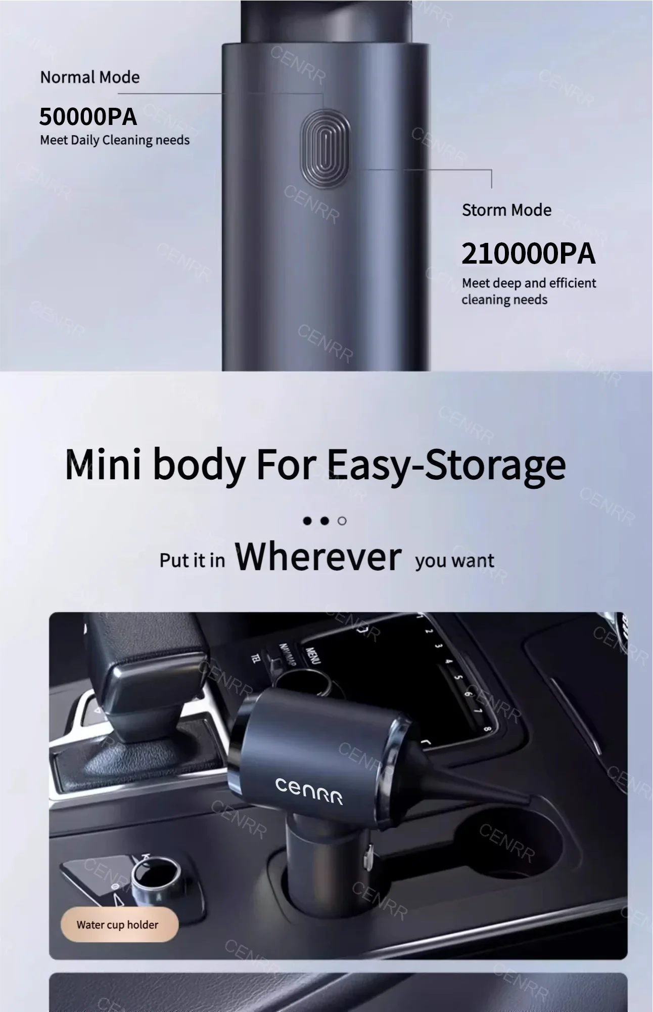 CENRR 210000PA Mini Wireless Car Vacuum Cleaner – Powerful Handheld Portable Cleaning Machine