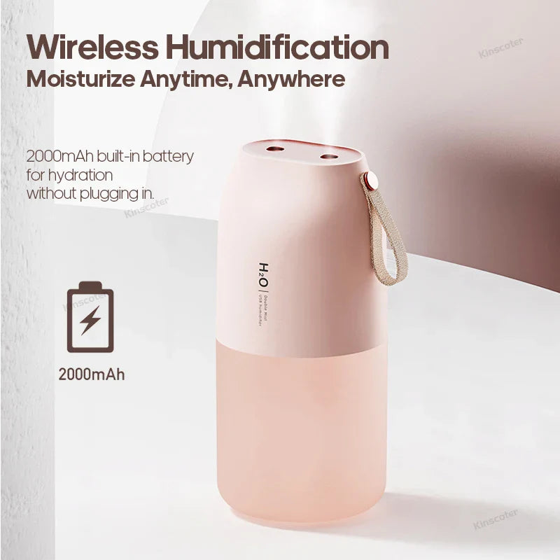 KINSCOTER Portable Double Mist Air Humidifier – 300ml Cold Mist Diffuser, 2000mAh Car Air Purifier & USB Mini Air Freshener