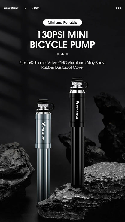 WEST BIKING 130PSI Mini Bike Pump – Portable Aluminum Alloy Hand Air Pump for MTB & Road Cycling, Drop-Proof & Ultralight