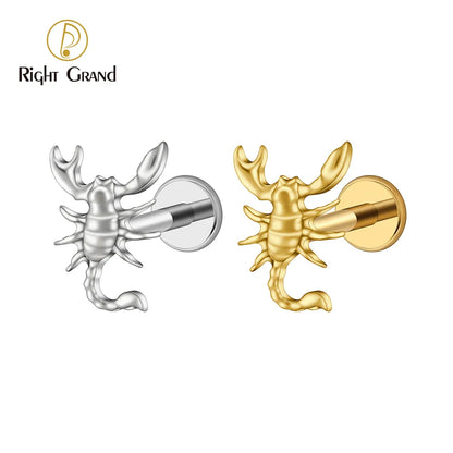 Right Grand ASTM F136 Titanium 16G Scorpion Labret Stud Earring – Flatback Zodiac Design for Tragus, Helix & Cartilage Piercing Body Jewelry