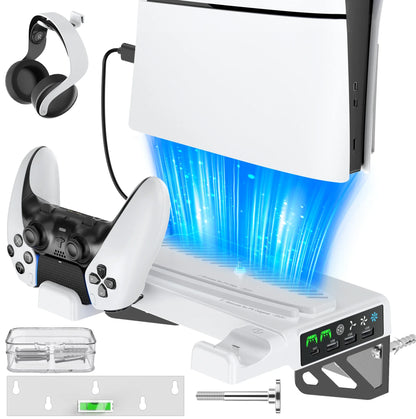 PS5/PS5 Slim/PS5 Pro Wall Mount Kit – With Charging Station, Cooling Fans & Headset Hanger, Behind-TV Wall Stand