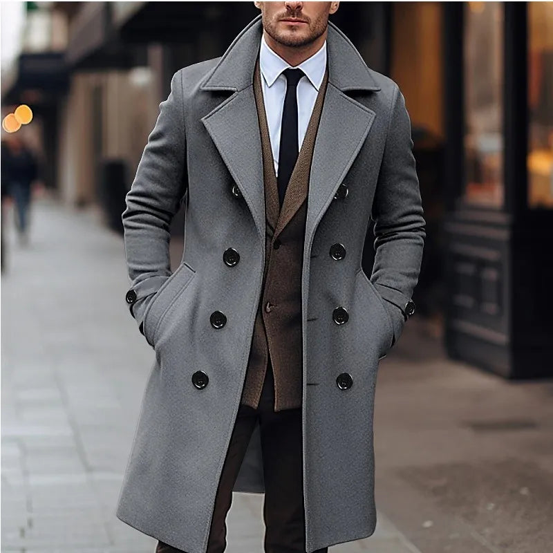 Men’s Autumn Winter Wool Coat – Double-Breasted Long Trench, Business Casual England-Style Wool Blend Jacket