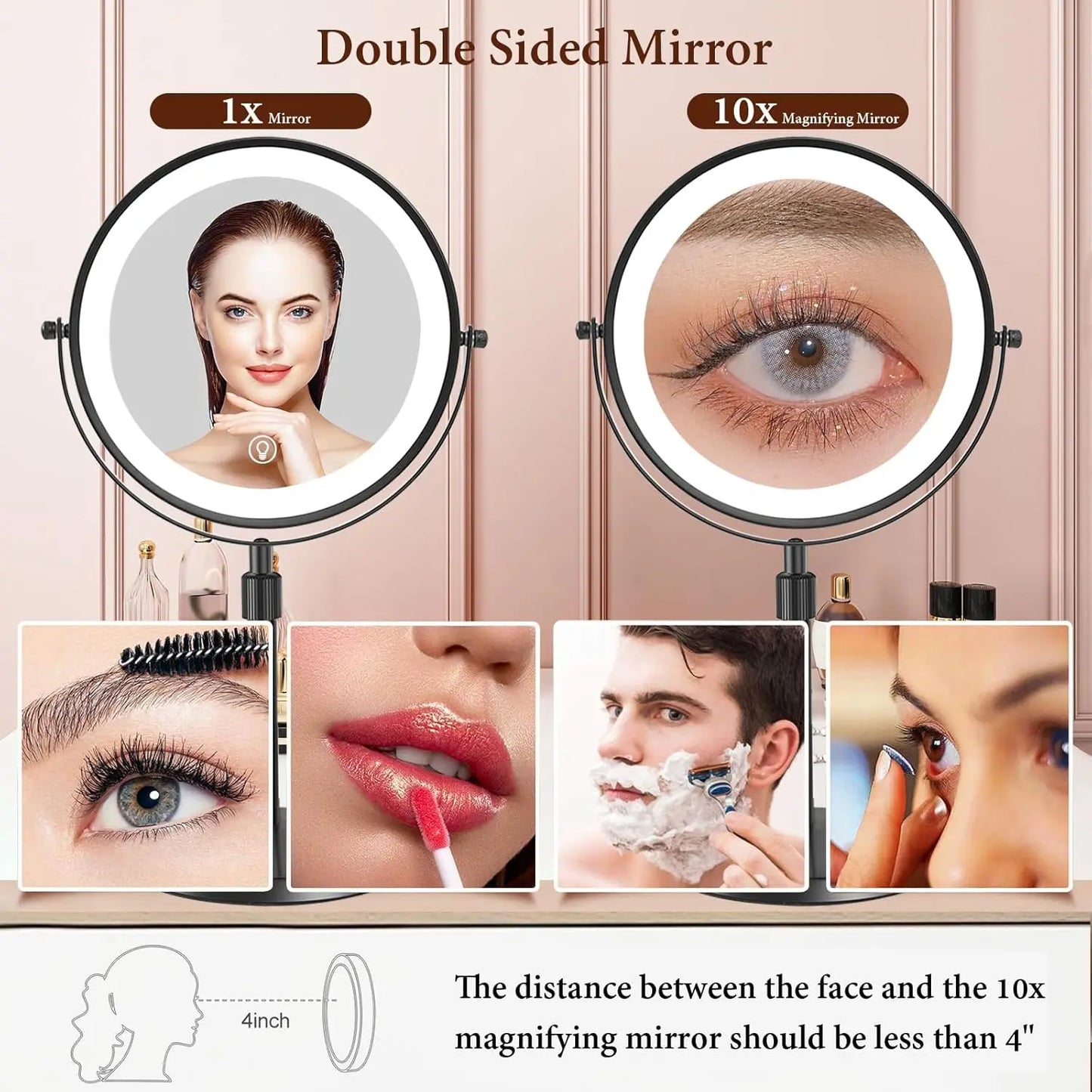 8-Inch Makeup Mirror with Light – 10X Magnification, 3 Color LED, Adjustable Brightness & Height Standing Cosmetic Mirror