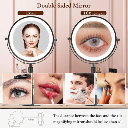 8-Inch Makeup Mirror with Light – 10X Magnification, 3 Color LED, Adjustable Brightness & Height Standing Cosmetic Mirror