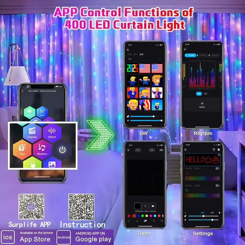 400-LED Smart Curtain Lights RGB Bluetooth App Fairy String Lights for Bedroom & Window Decoration
