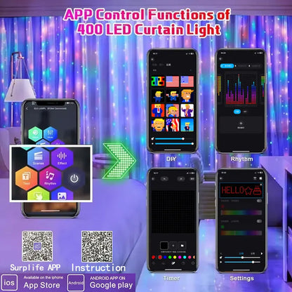 400-LED Smart Curtain Lights RGB Bluetooth App Fairy String Lights for Bedroom & Window Decoration