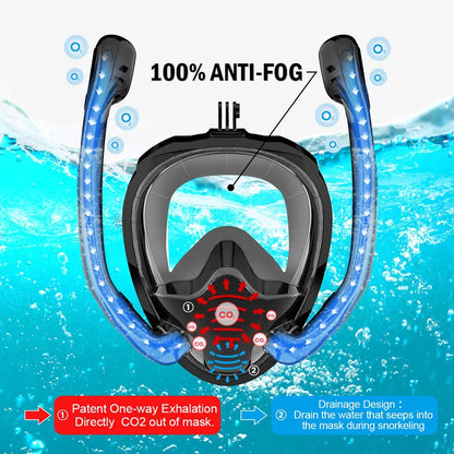 180° Panoramic View Full Face Snorkel Mask with Dry Top Silicone Seal - Diving and Swimming Goggles Set with 2 Snorkels, Anti-Fog and Anti-Leak Design