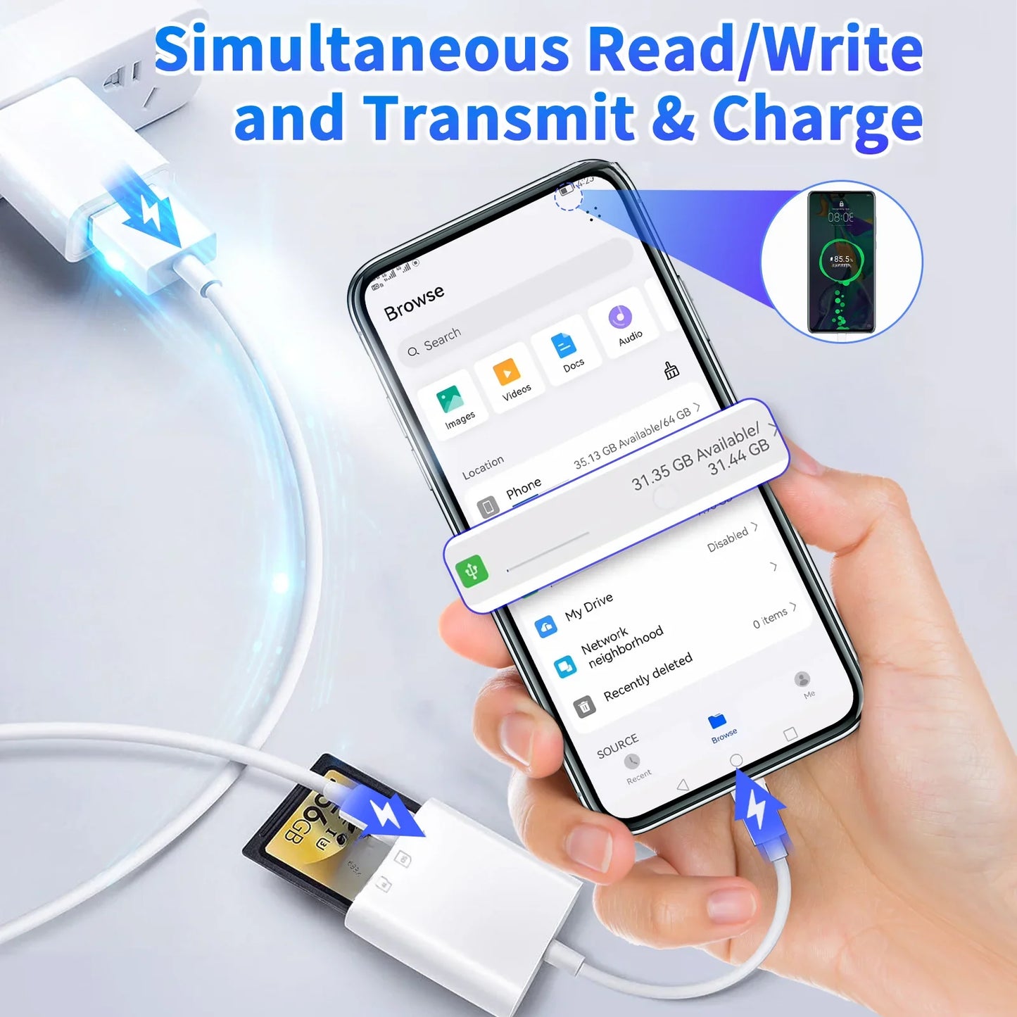 6-in-1 USB-C SD TF Card Reader Adapter with USB 3.0 OTG & 30W Fast Charging Port