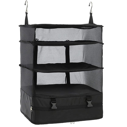 Portable Travel Luggage Organizer – 3-Shelf Collapsible Hanging Closet & Packing Cube Storage Bag
