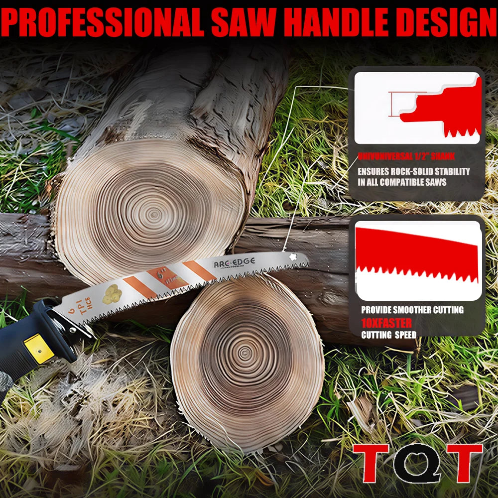 3Pcs Reciprocating Saw Blades Set 6-10-12-15 Inch 6TPI Arc Edge – Heavy Duty Wood Pruning Blades for Tree Trimming & Wood Cutting Tools
