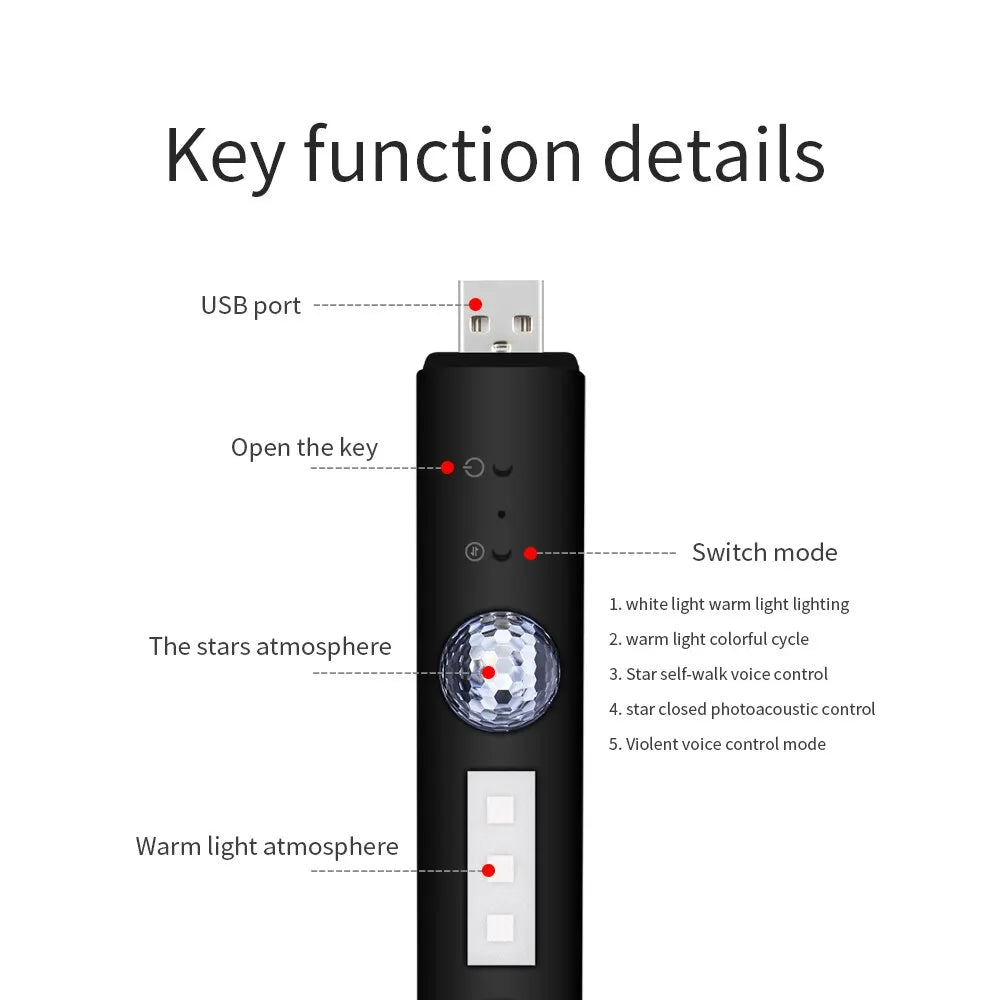 LED Car Atmosphere Lamp - Wireless Voice Control Roof Star Light, USB Charging Auto Interior Decorative Ambient Party Lights