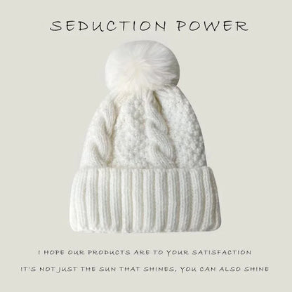 New Women’s Winter Twist Knit Hat – Thick Plush Beanie with Fur Pompom, Solid Color Ski Snow Skullies