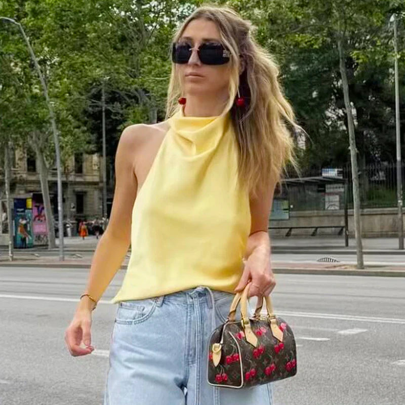 Women's Satin Halter Corset Top – Backless Elegant Sexy Summer Tank Vest in Yellow Pink Black