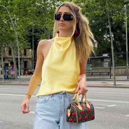 Women's Satin Halter Corset Top – Backless Elegant Sexy Summer Tank Vest in Yellow Pink Black