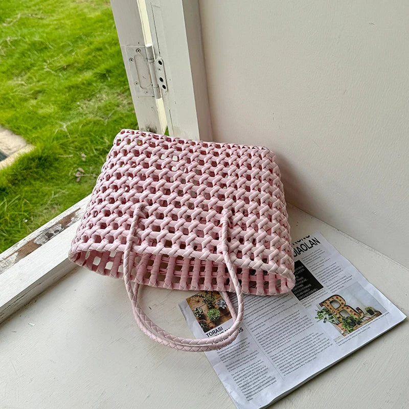 Hylhexyr Handheld Woven Shoulder Bag – PVC Tote for Vegetables, Beach, Picnic & Vacation, Women’s Handbag
