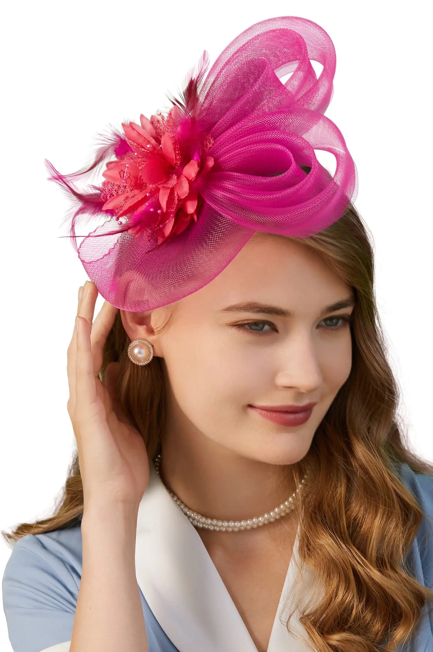 Women's Flower Mesh Fascinator with Ribbons and Feathers - Brides Hair Accessories, Headband or Clip for Cocktail Tea Party Headwear