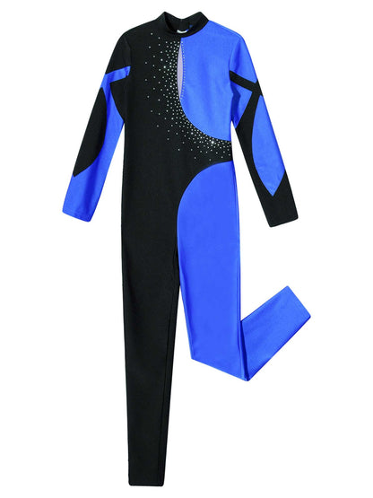 Kids Girls Long Sleeve Rhinestone Bodysuit — Full Body Dancewear Gymnastics Leotard Skating Jumpsuit