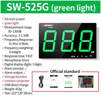 SNDWAY SW-525 Sound Level Meter — Wall-Mounted Digital Noise & Decibel Detector 30-130dB Professional dB Meter