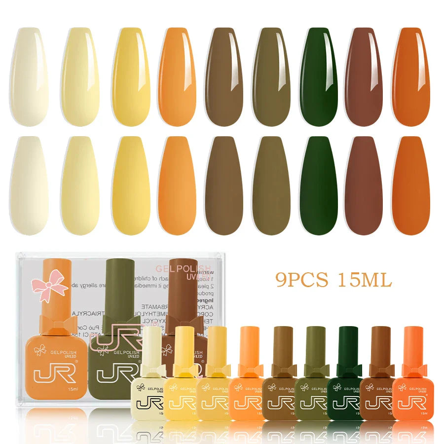 JR 9pcs Gel Nail Polish Set 15ml – Red, Pink, Nude UV LED Soak-Off Kit with Top & Base Coat for DIY Manicure & Gifts