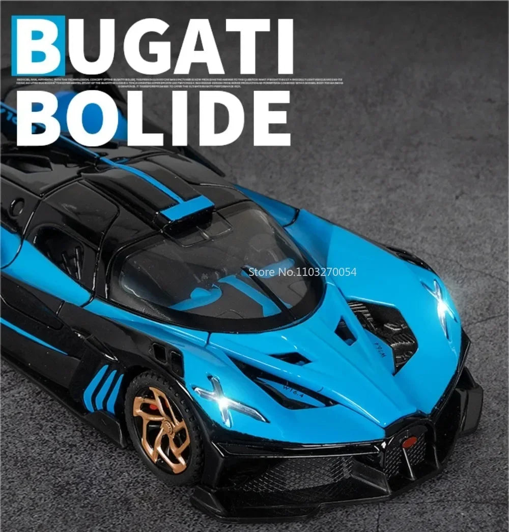 1/32 Bugatti Bolide Alloy Sports Car Model — Diecast Metal Vehicle with Sound & Light, Pull-Back Toy for Boys