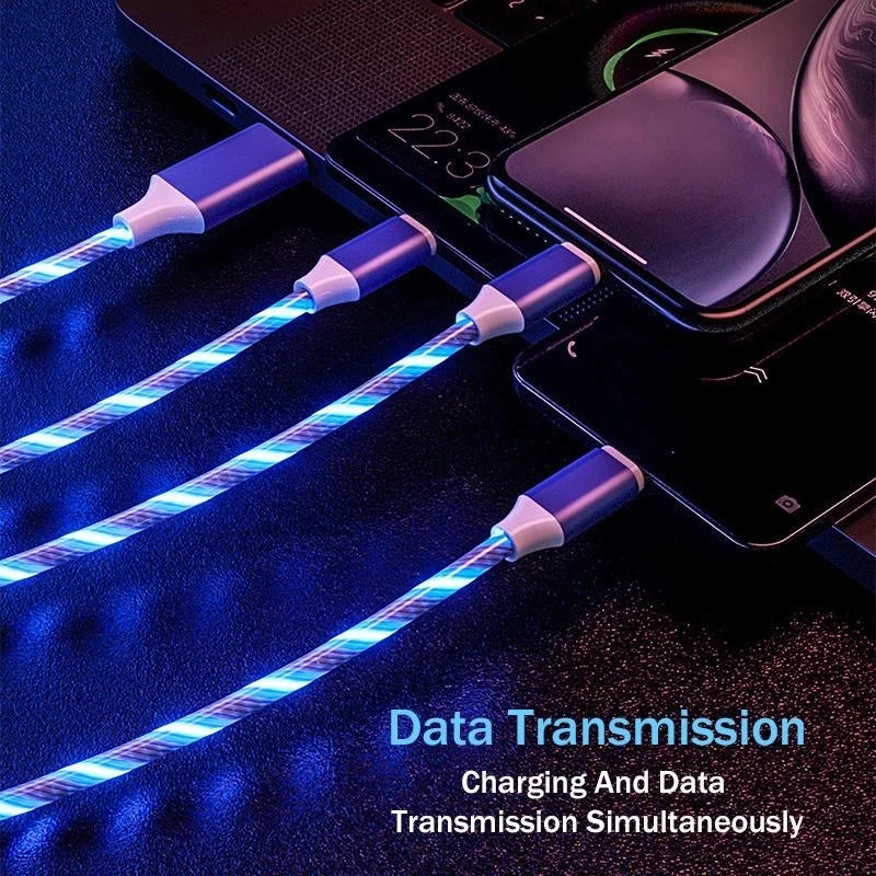 3-in-1 LED Glowing Charging Cable – 3A Micro USB & Type-C Flowing Streamer Cord for iPhone, Xiaomi & Huawei