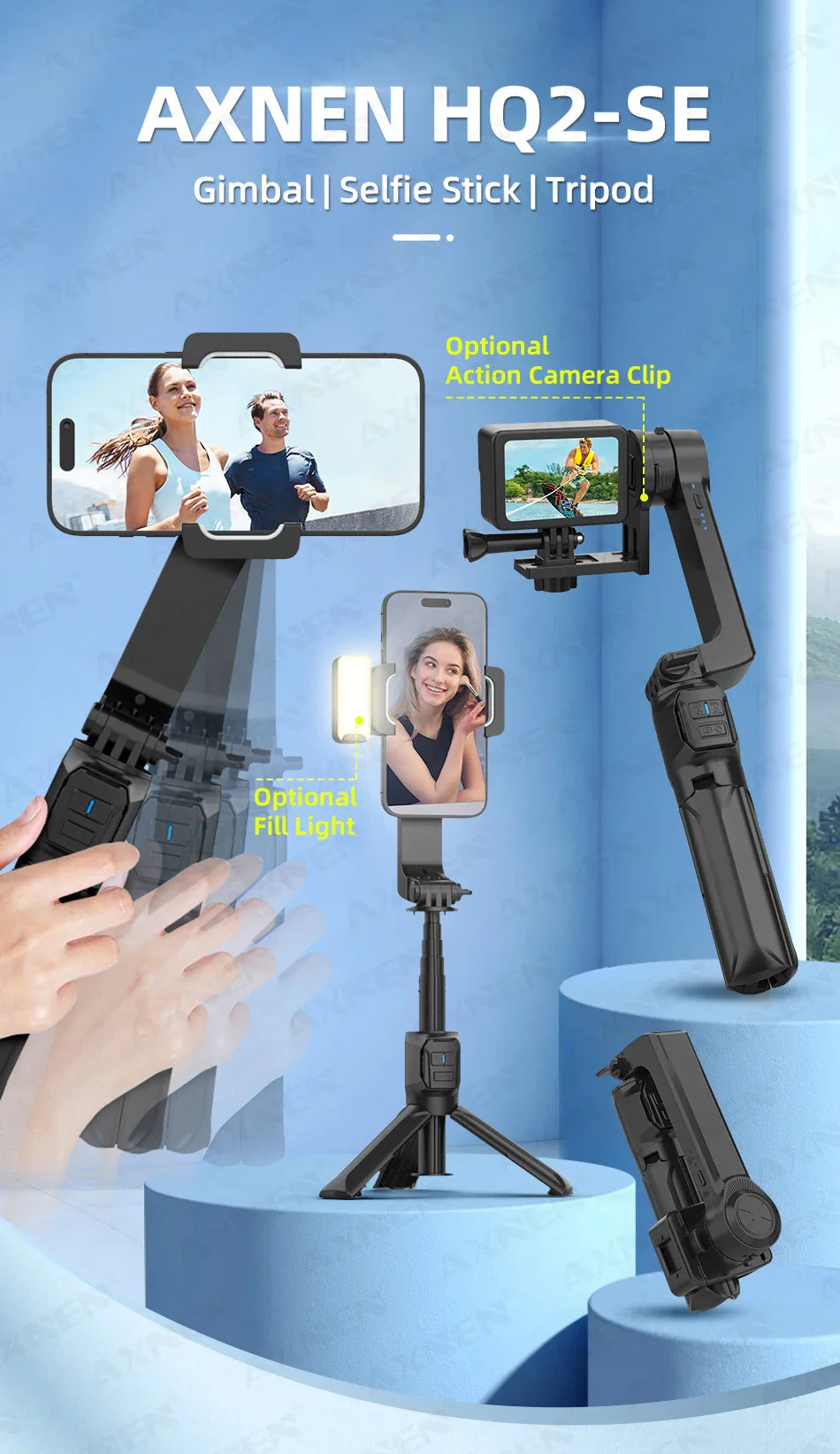 AXNEN HQ2 Series Handheld Mobile Phone Stabilizer – Smartphone Gimbal & GoPro Extension Rod Selfie Stick Tripod
