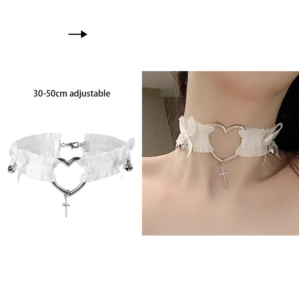 Pink Gothic Collar Necklace – Trendy Rock Leather Heart with Rivets, Harajuku Punk Choker Jewelry for Women, Gift Idea