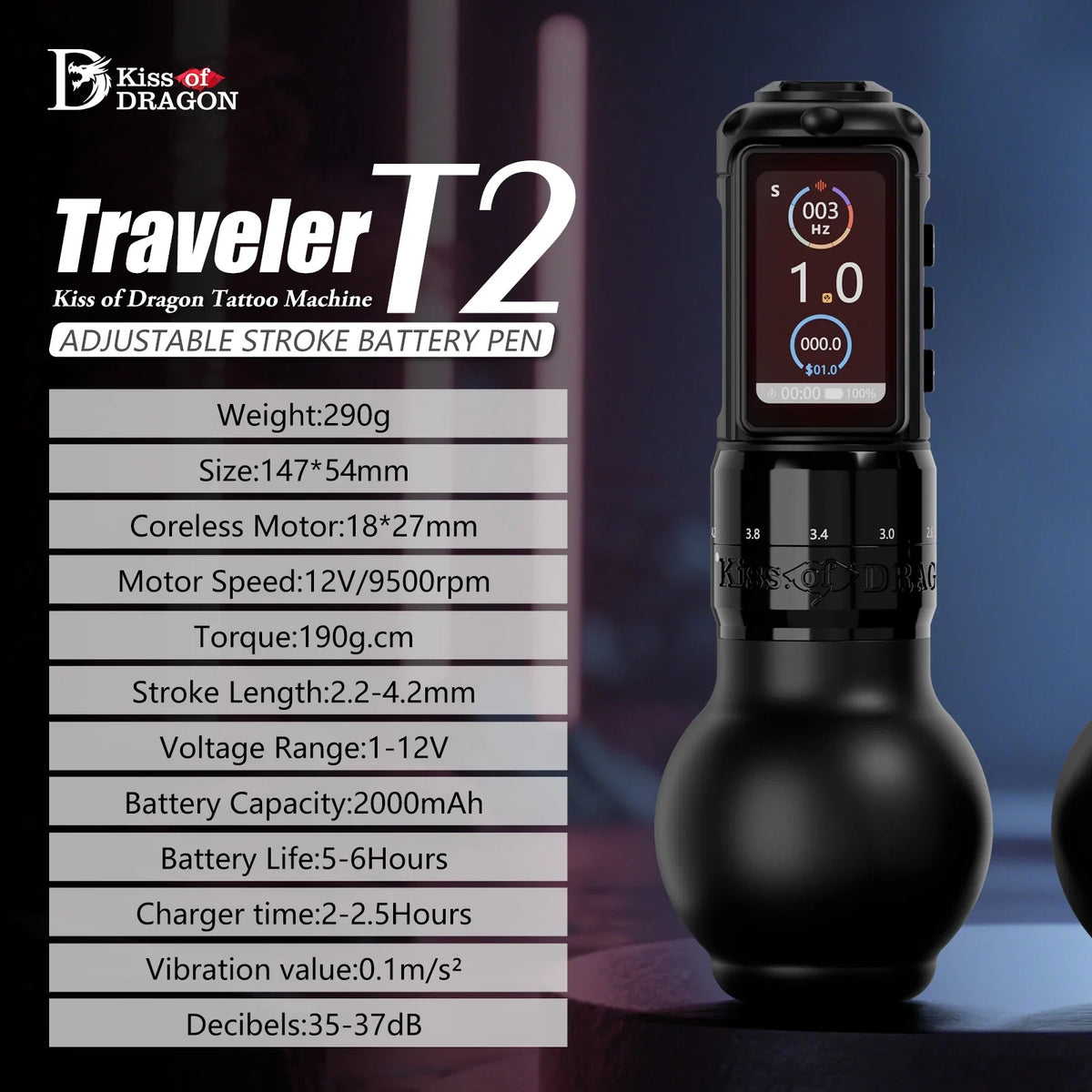 Ambition Traveler-T2 Wireless Tattoo Machine - Adjustable Stroke Tattoo Pen with 2000mAh Battery