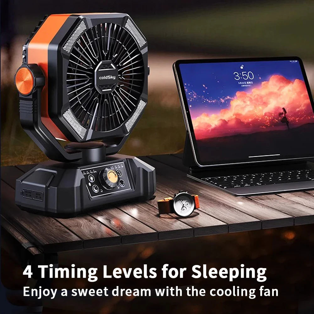 coldSky Portable Camping Fan — 4 LED Lanterns, 8 Speeds, 20000mAh Battery for Outdoor Use