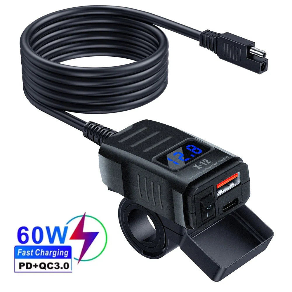 PD QC3.0 Motorcycle USB Fast Charger 60W – Dual USB Handlebar Socket with Switch & Voltmeter Waterproof 12V Power Adapter